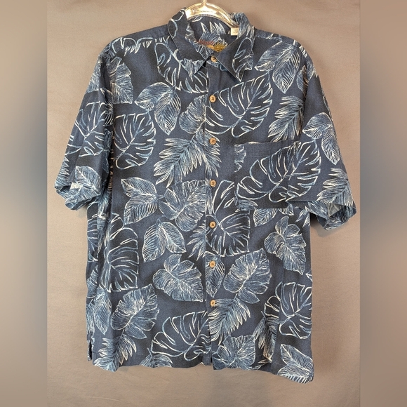 Caribbean Medium Silk/Cotton Blend Button Down Shirt Hawaiian Navy/White - Picture 1 of 9